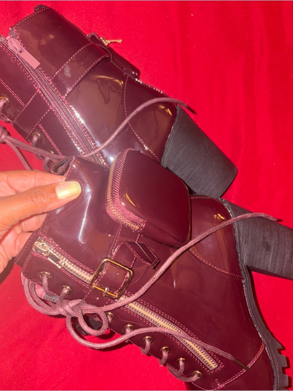 Women's Lace-Up Block Heel Ankle Boots in Burgundy